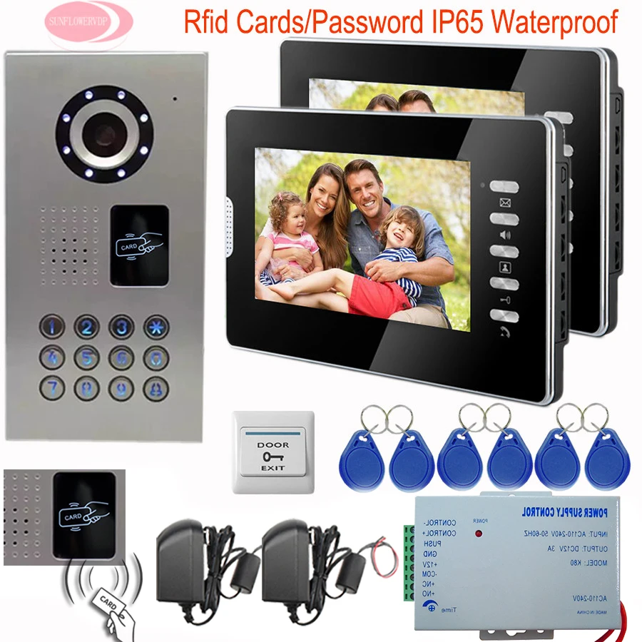 

Luxury Door Phone 7'' TFT Monitor System Unit Inductive Card Home Phone Intercoms 2 Apartments Video Camera IP65 Waterproof 1v2