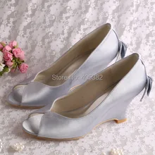 (20 Colors)Wholesale Elegant Wedge Heel Women Shoes with Bows Grey Satin Fabric Open Toes