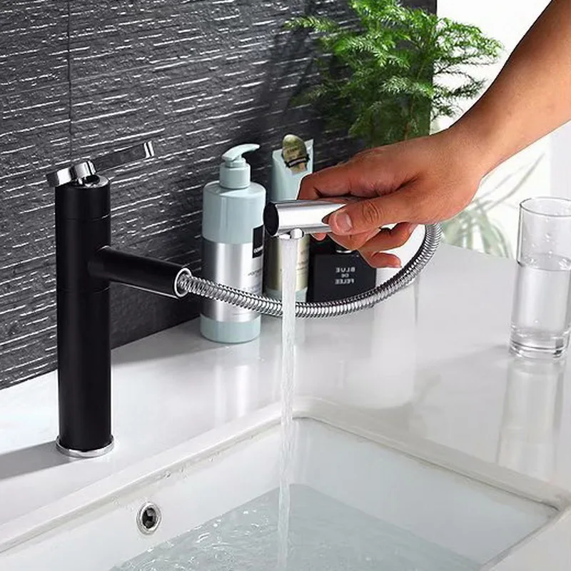 

Wen Jie copper stage basin sinks all hot and cold can be smoked pull type rotating black basin faucet bathroom faucet