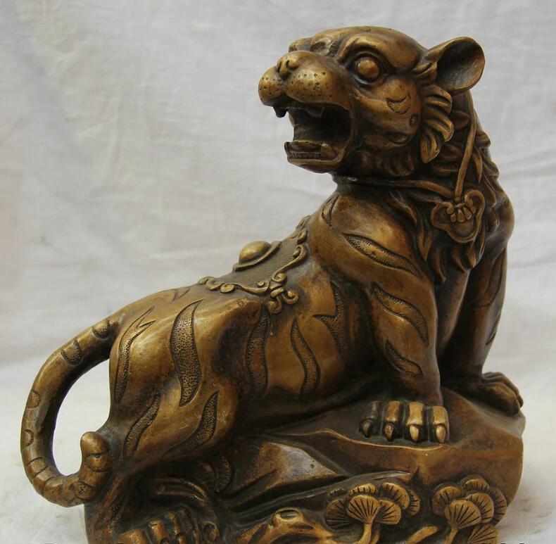 

S5762 10" Chinese Fengshui Folk Copper Zodiac Year Tiger Tree Wealth ferocious Statue D0317