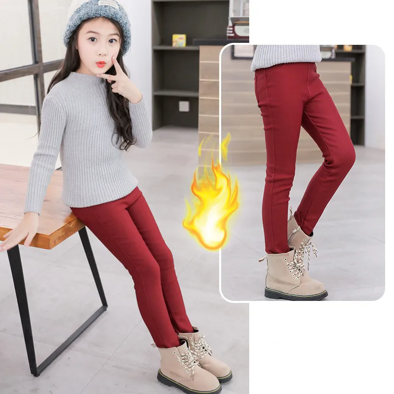 Джинсы для девочек; эластичные обтягивающие длинные брюки; сезон осень-зима; плотные велюровые леггинсы для девочек; джинсовые брюки; узкие брюки для От 3 до 12 лет - Цвет: Красный