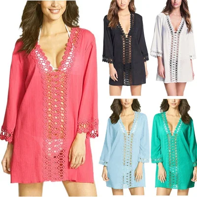 

2019 WOMEN LACE CROCHET BIKINI BEACHWEAR COVER UP Hollow Out V-Neck BEACH DRESS SUMMER Cover-Ups Lace Dress Plus Size XXL