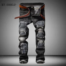 Mens Black Jeans Pants Biker Ripped Motorcycle Full Length Trousers Slim Fit Denim Vaqueros Hombre Jean Homme Distressed