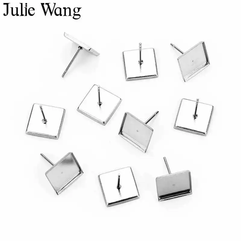Julie Wang 50 шт нержавеющая сталь 10 мм квадратные серьги гвоздики Кабошон Базовые