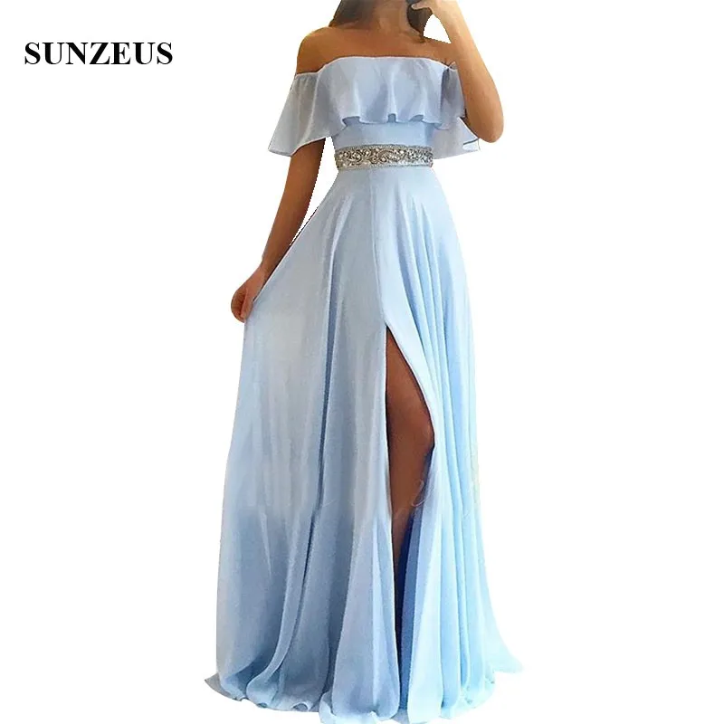 

Light Blue Chiffon Bridesmaids Dresses Summer Long Side Slit Party Gown Boat Neck Off Shoulder Formal Wear Side Slit jurken lang