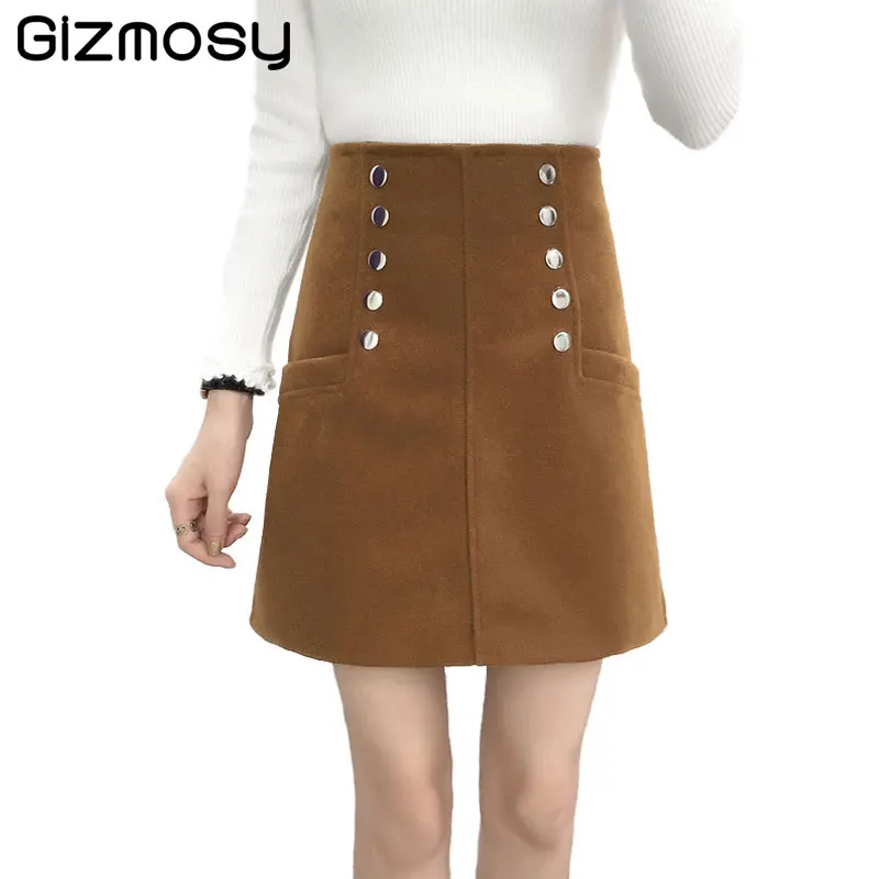 

1PC Wool Skirts Women Autumn Winter High Waist A-line Skirt Ladies Short Double-bleasted Front Skirt Mini Skater M-XL SY1836