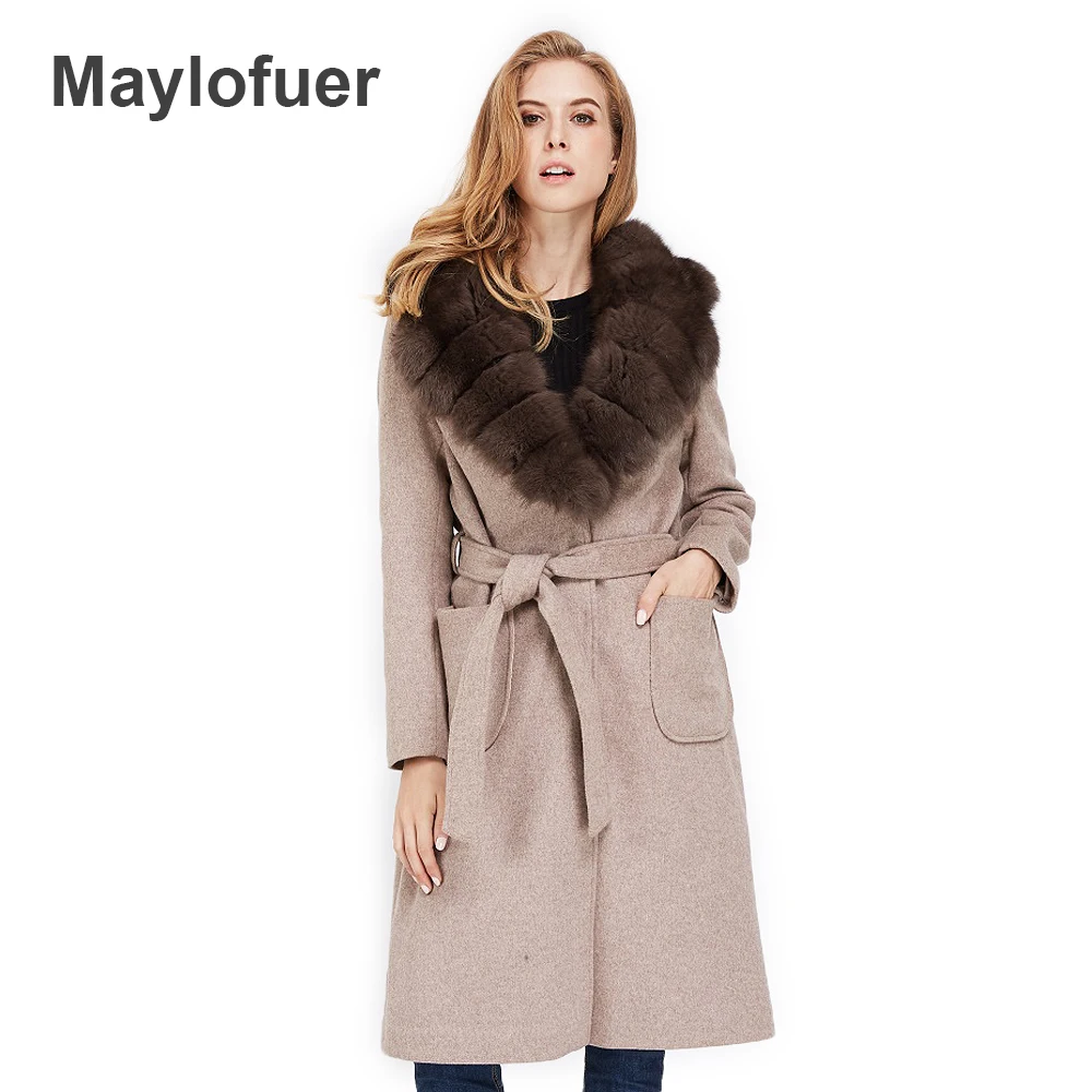 

Maylofuer Women Natural Big Fox Fur Coats Long Wool Blends Coat Fur Garment Winter Fashion Jackets with Belt