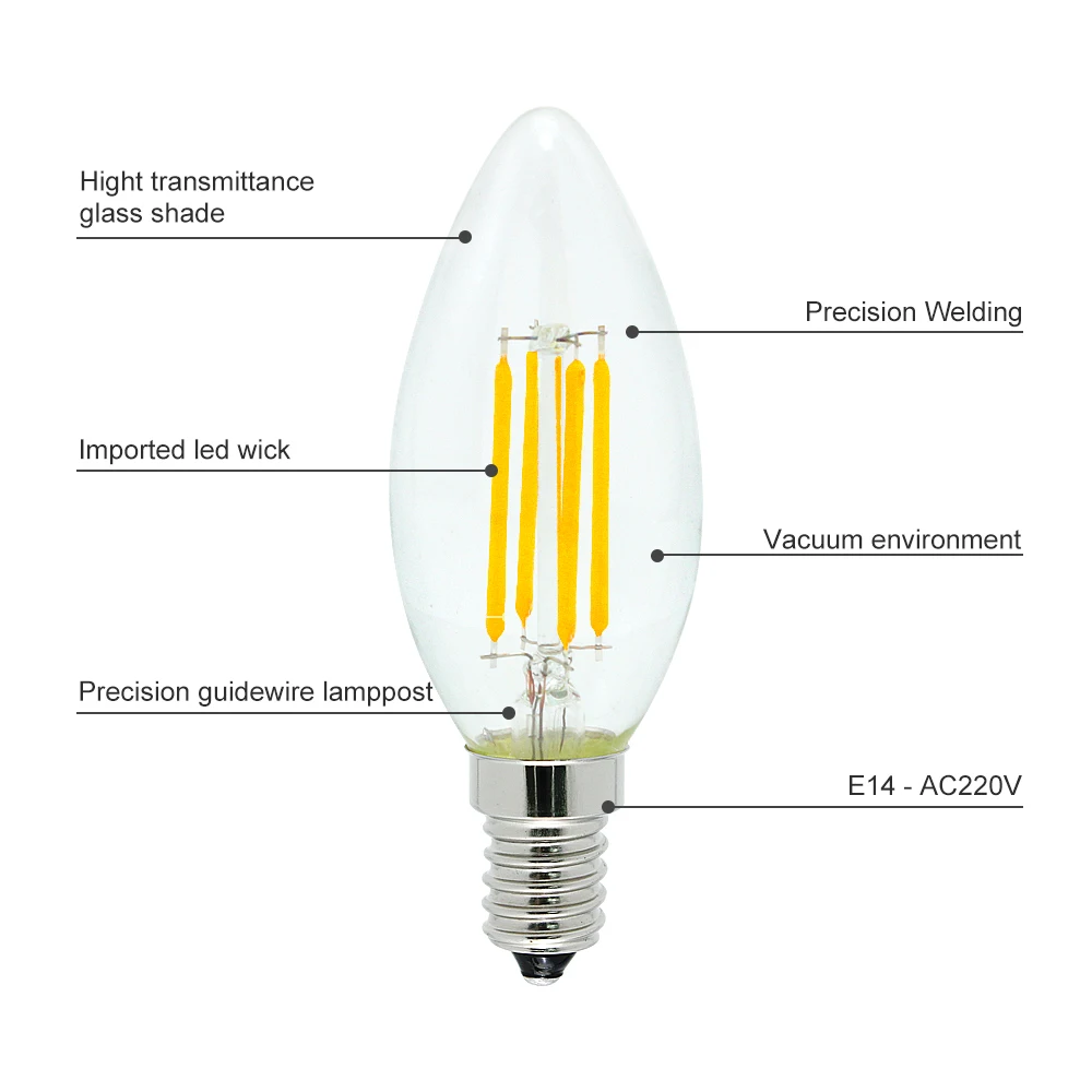1 шт. 2 Вт 4 Вт 6 Вт E14 220 В светодиодный нить накаливания с регулируемой яркостью лампы C35 типа ретро свеча Эддисона лампы заменить 20 Вт 30 Вт 40 Вт галогенные лампы освещения