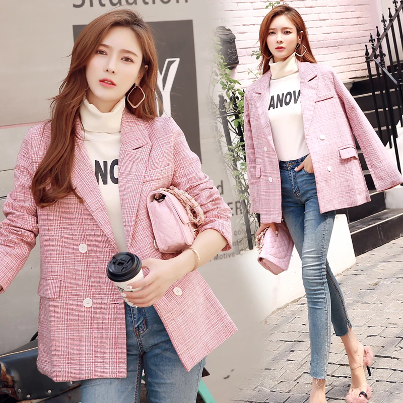Women Fashion Autumn Blazer Pink Plaid Long Sleeve Double