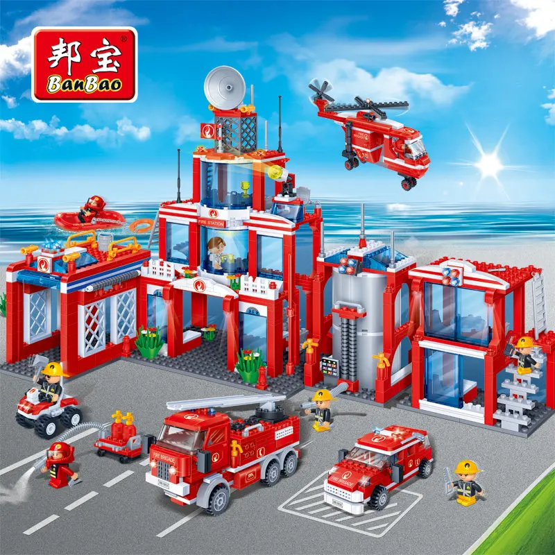 

BanBao Fire Station Educational Building Blocks Toys For Children City Hero Firefighters Cars Truck Boat Helicopter Stickers