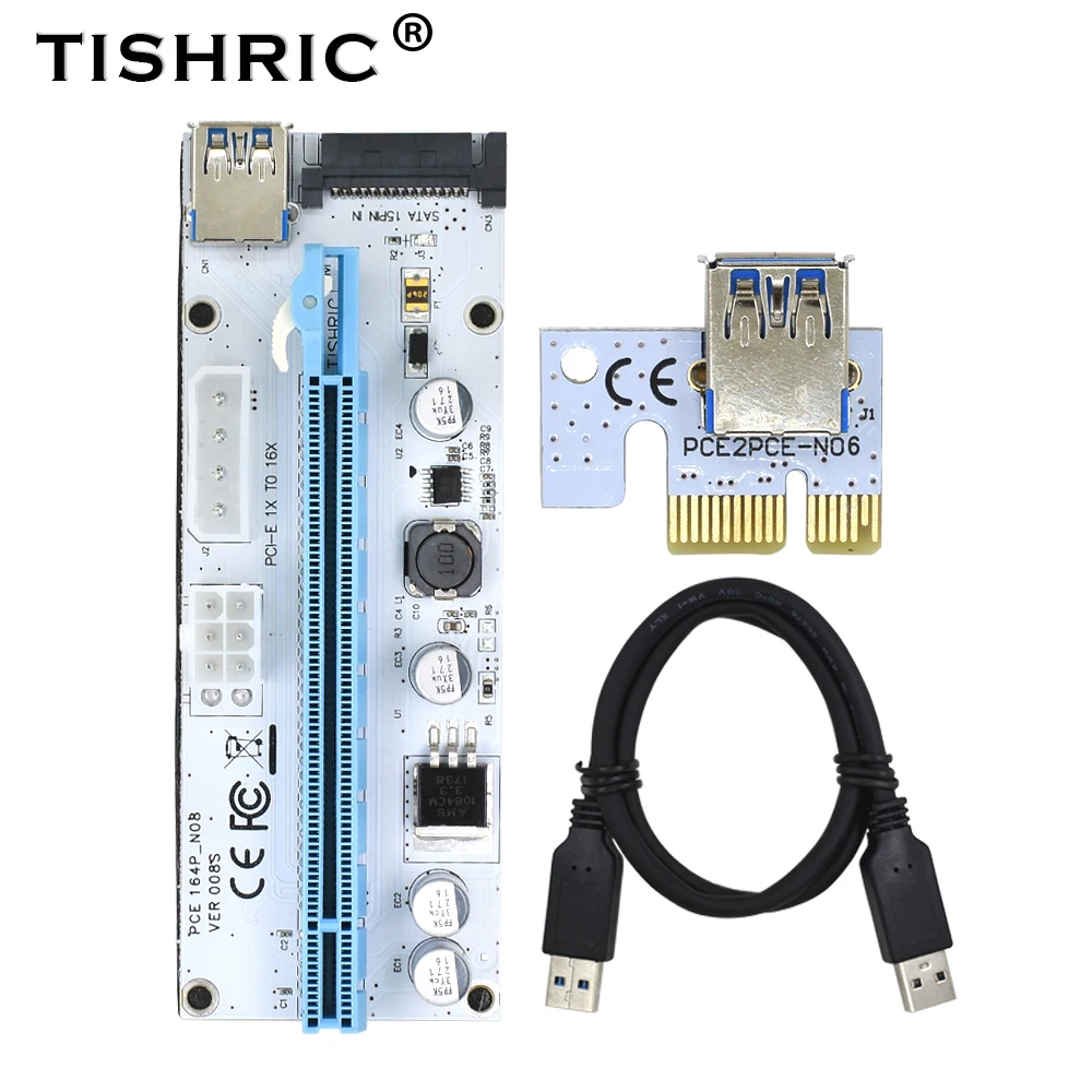 

TISHRIC 10pcs CI-E PCI Express PCIE Riser Card 1x to 16x USB 3.0 Cable VER 008S 3 in 1 Molex 4Pin SATA 6PIN Raise For Mining