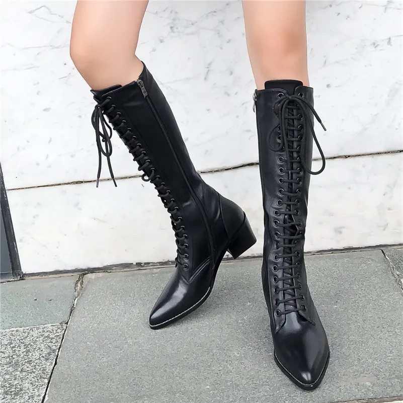 donna scarpe punta alti rosso autunno pelle inverno Fedonas al stivali tacco ginocchio alto in qualità incrociate tonda donne nero caldo nuove vera 7qFwaWSZ
