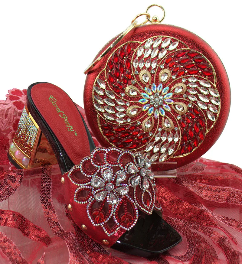 

3 inches low heel and many crystals italian design red color shoes slippers and clutches bag 2018 shoes and bag set SB8161-4