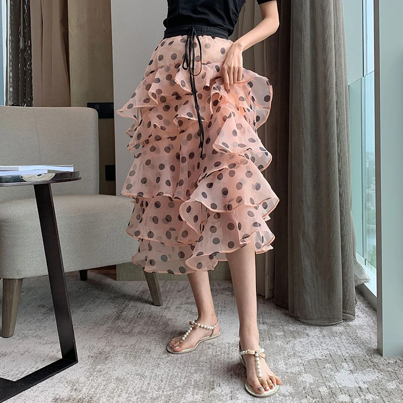 TWOTWINSTYLE Casual Polka Dot Skirt For Women High Waist Bandage Ruffles Slim Chiffon Skirts Female Fashion Summer New