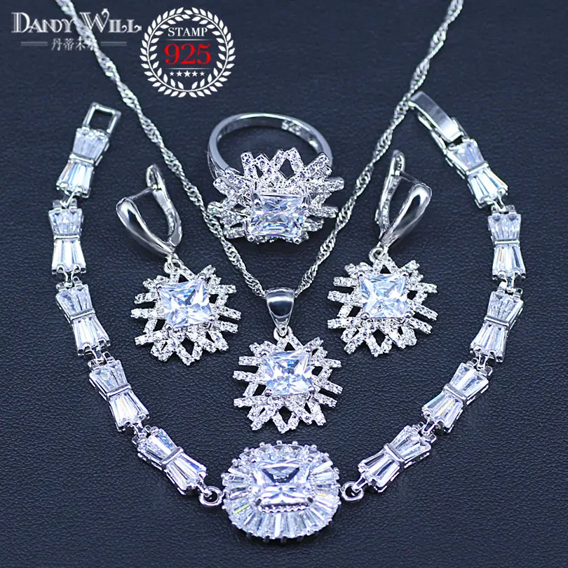 Israel Style Square Cubic Zircon Silver Color Bridal Jewelry Sets For Women Earrings Necklace Pendant Ring Bracelets | Украшения и