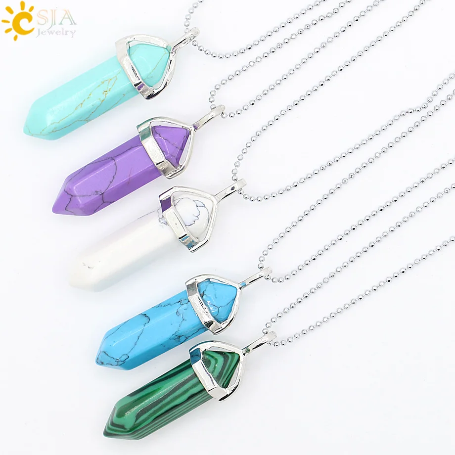 

CSJA 1pcs Gem Ethnic Jewellery Bullet Shape Hexagonal Prism Charms 4 Colors Tophus Stone Pendants Necklaces Jewelry Gift E059