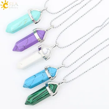 

CSJA 1pcs Gem Ethnic Jewellery Bullet Shape Hexagonal Prism Charms 4 Colors Tophus Stone Pendants Necklaces Jewelry Gift E059