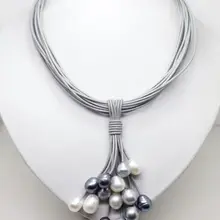 12 мм настоящий белый черный серый пресноводный жемчуг ожерелье кожаный шнур магнитная застежка