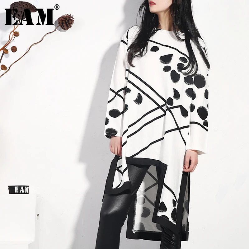 

[EAM] 2019 New Spring Summer Round Neck Long Sleeve Pattern Printed Irregular Hem Split Joint Loose Dress Women Fashion JO349