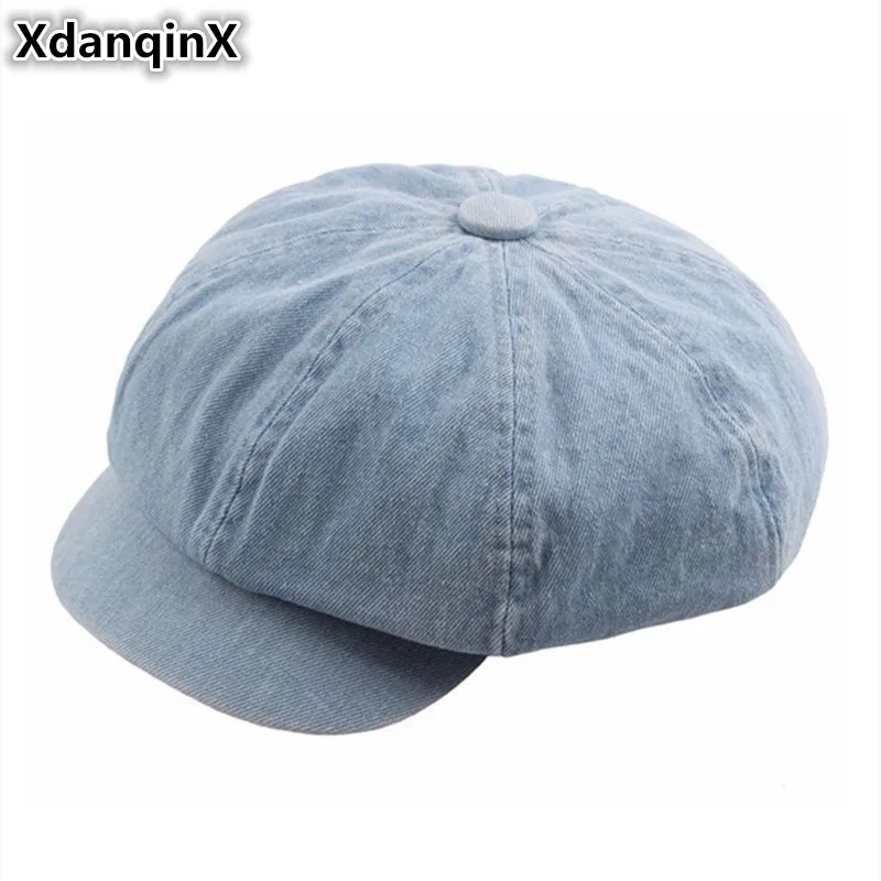 

XdanqinX Elegant Vintage Women's Flat Cap Simple Retro Washed Denim Newsboy Caps For Women NEW Octagonal Hat Sombrero De Mujer