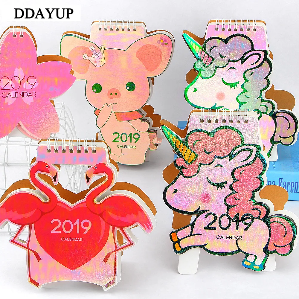 

2019 Cute Animal Unicorn Flamingo Pig Laser Mini Table Desktop Calendar Agenda Organizer Daily Schedule Planner