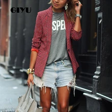 GIYU Spring Red Women Plaid Printing Blazer Long Sleeve Notched Jackets Sexy Slim Tops Casual camiseta mujer GIYU Spring Red Women Plaid Printing Blazer Long Sleeve Notched Jackets Sexy Slim Tops Casual camiseta mujer