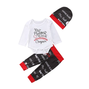 

Newborn Baby Boy Clothes Girl Bodysuit Baseball Jumpsuit Pants 3PCS Outfits Sets Letter BATTER NEW PLAYER IN TOWN