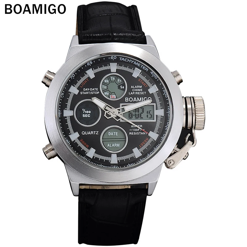 

BOAMIGO Fashion Mens Dual Display Watches Sports Digital Male Watch Leather Strap Waterproof Quartz Wristwatches Date Masculino