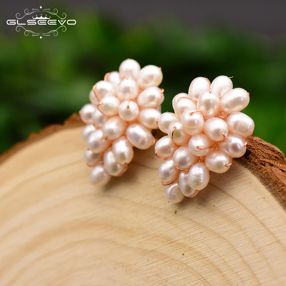 

GLSEEVO Natural Fresh Water White Pearl Handmade Stud Earrings For Women Gift Korean Heart Earrings Luxury Fine Jewellery GE0660
