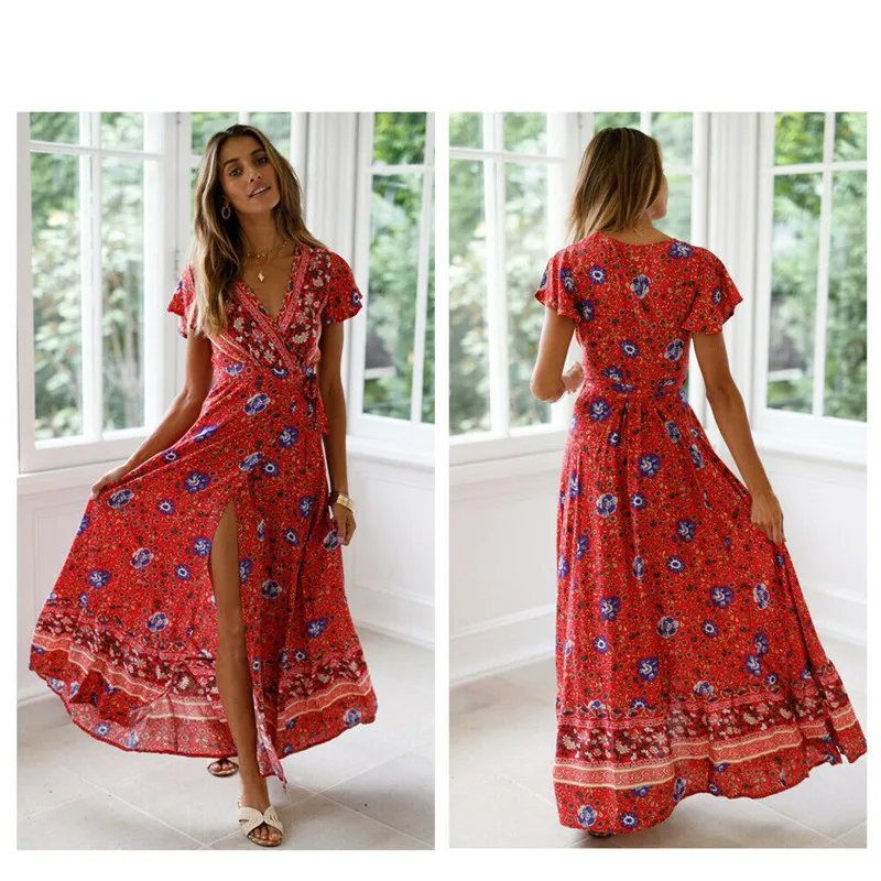 Женское богемное летнее вечернее пляжное платье с цветочным рисунком, короткое длинное платье макси, сарафан