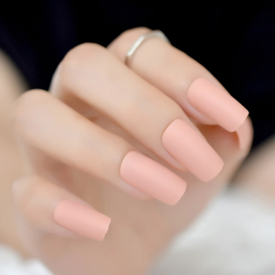 Matte Nude Pink Press on Nails Candy Slim Size Medium,Long Fake Nail Art Tips DIY Manicure Tips Square Top 24 Count