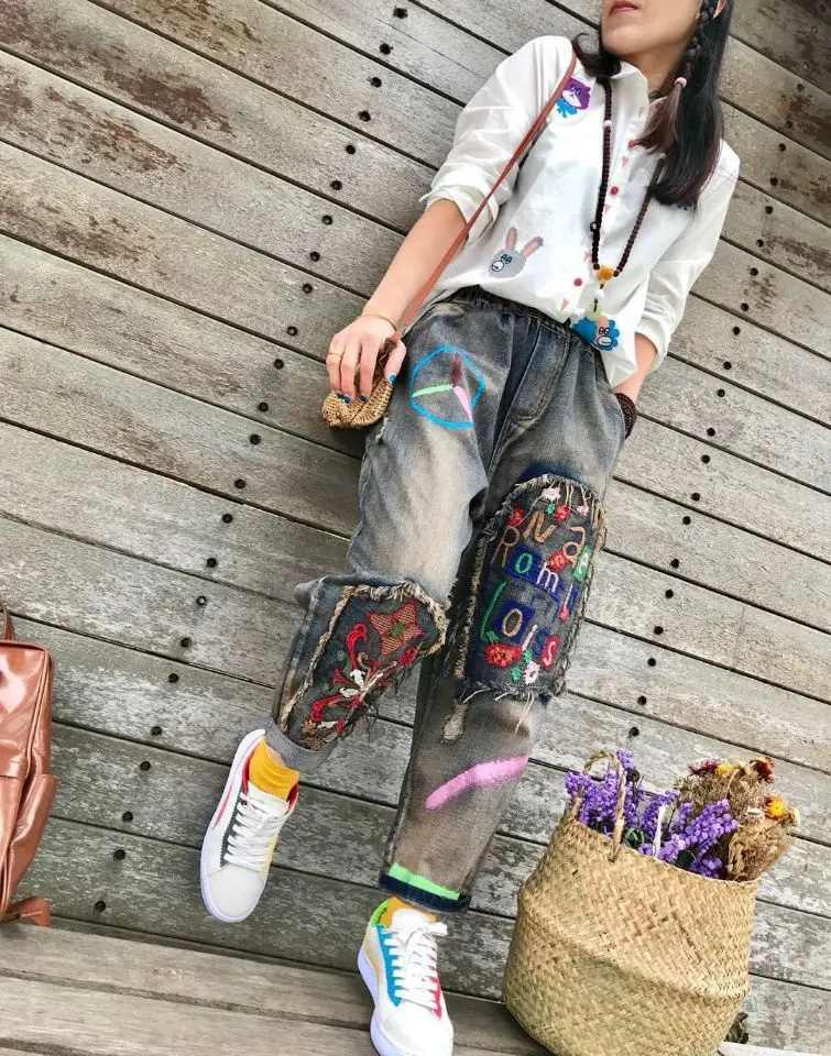 Весенние и летние свободные повседневные штаны в стиле ретро с рисунком ветряной мельницы, женские джинсы Harlan с цветной вышивкой и буквами, 9 точек