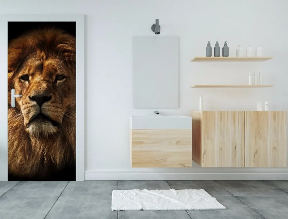 door-stickers-bathroom-themes-lion-portrait-with-rich-mane-on-black