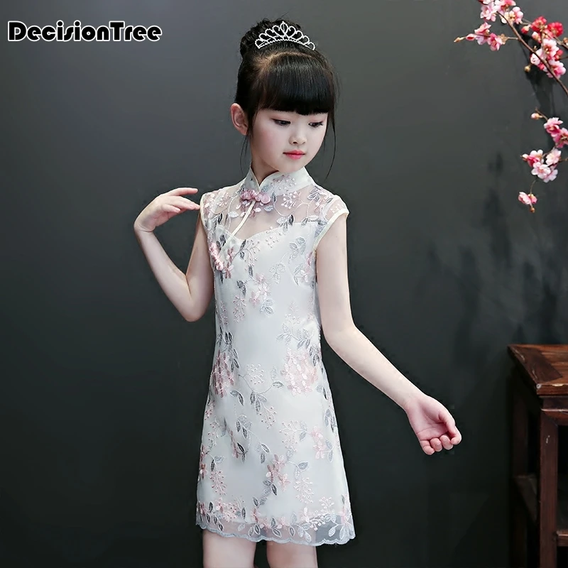 Новинка года; нарядное шифоновое платье Ципао с вышитыми цветами для девочек; Традиционное китайское платье Ципао с цветами для девочек; торжественное платье Ципао