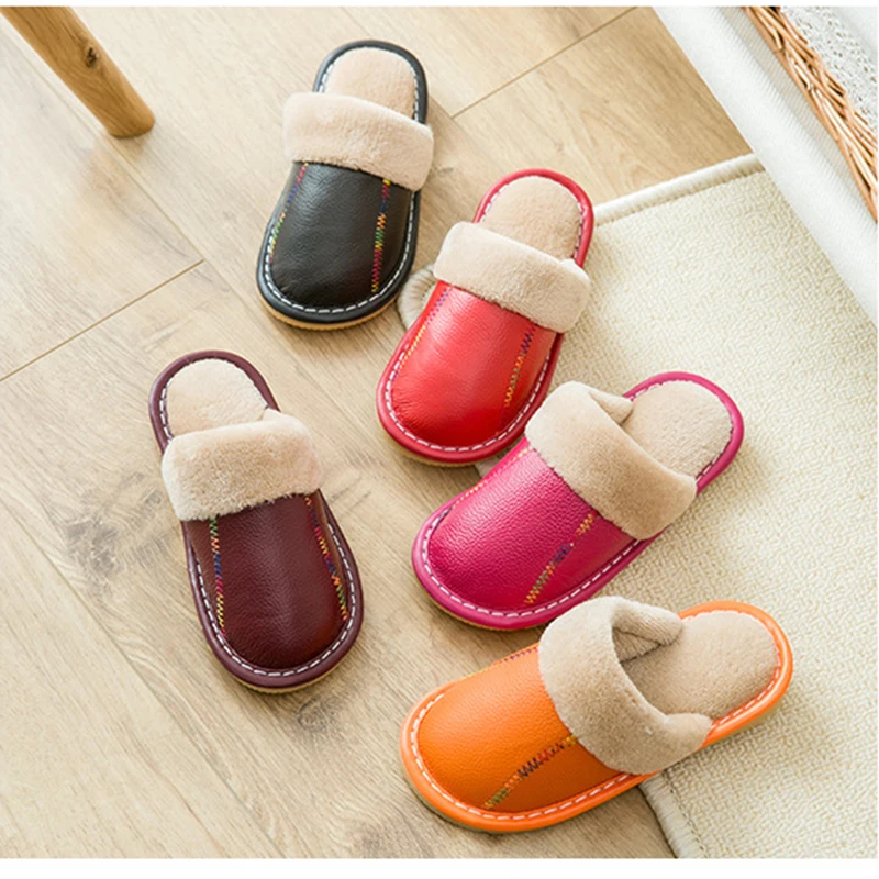 

Home Slippers 2018 New Children's Non-slip Warm Leather Slippers Kids Non-slip Tendon At the End Of Genuine Leather Slippers