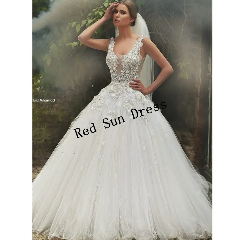 vestidos de novia princesa v tanque del cuello de tul apliques de