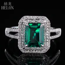 HELON New Emerald 5x7mm Cushion Shape Pave Diamond Vintage Engagement Wedding Ring 10K White Gold For
