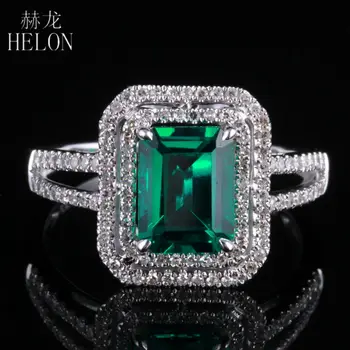 

HELON New ! Emerald 5x7mm Cushion Shape Pave Diamond Vintage Engagement Wedding Ring 10K White Gold For Women's Jewelry