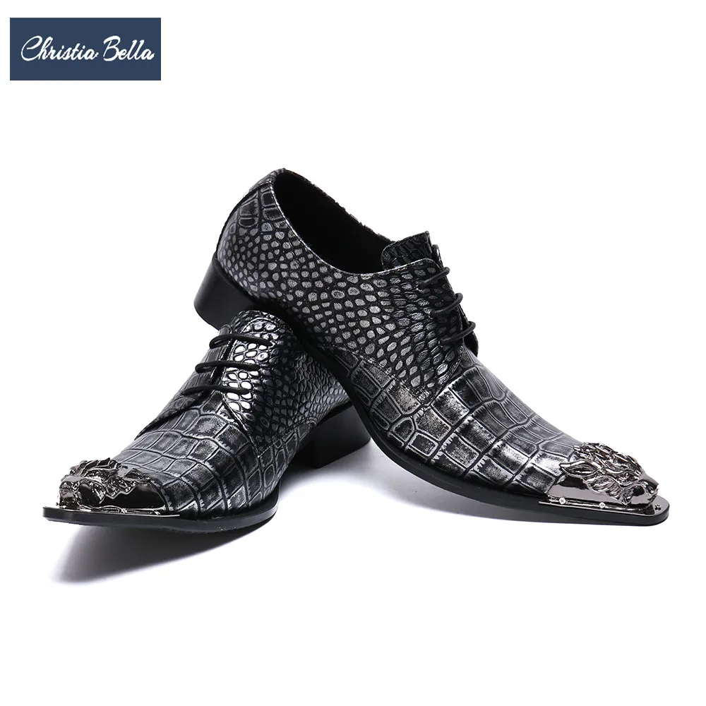 

Christia Bella Snake Skin Genuine Leather Men Business Shoes New Fashion Large Size Lace up Metal Square Toe Formal Dress Shoes