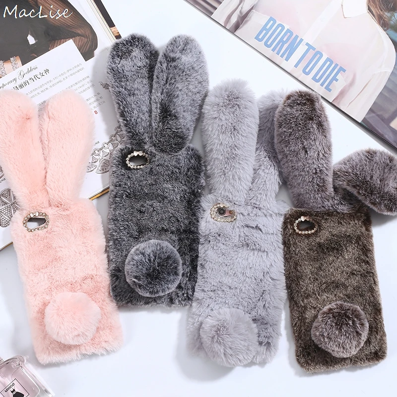 

For iPhone 7 8 Xr phone case 3D Cute Rabbit Hairy Warm Fur Cover for iPhone 5S 6S Xs MAX Bling Rhinestone Plush Bunny For Girls