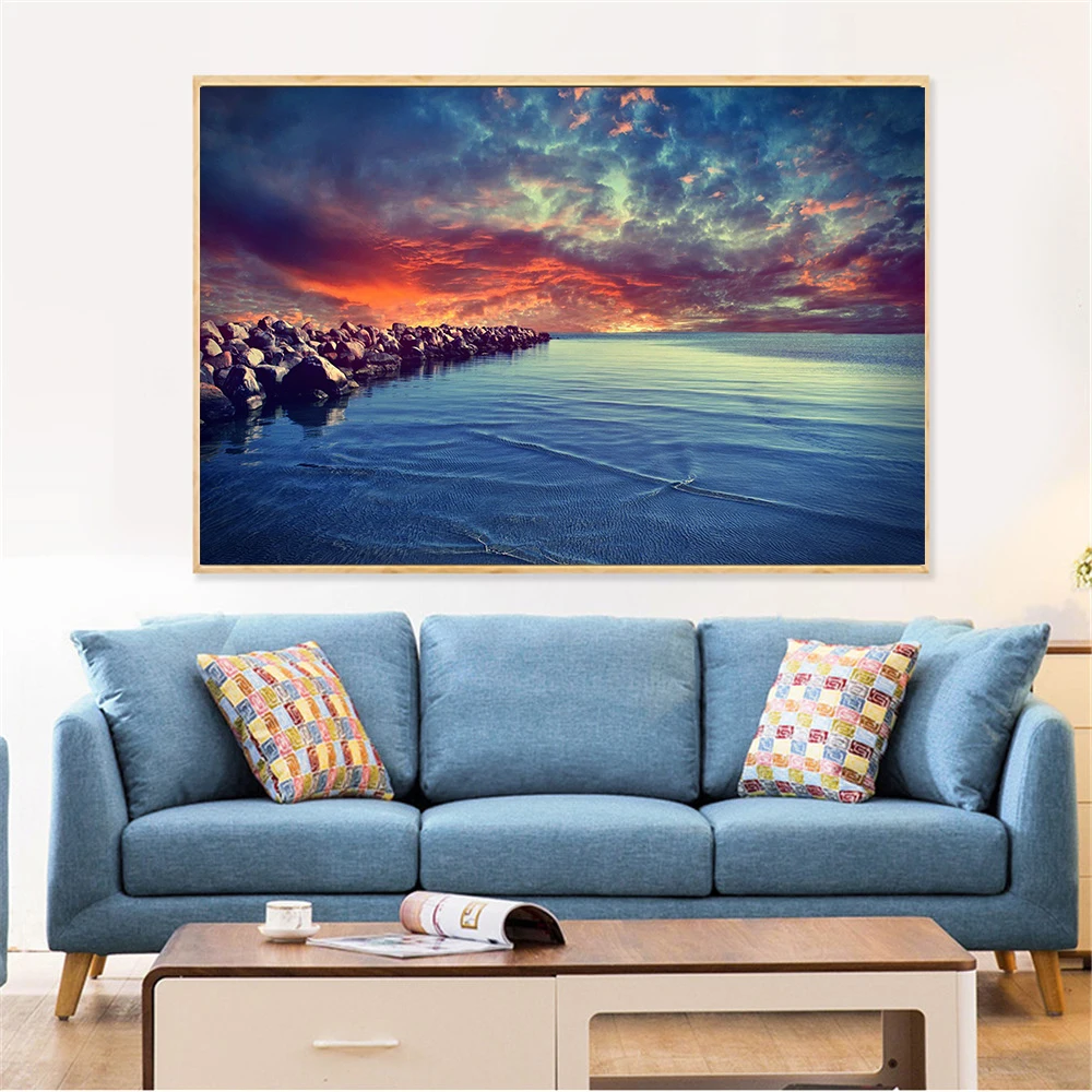 

Beach Home Decor Wall Art Pictures Sunset Landscape Bay Waterfront Nature Canvas Painting Large Size Posters and Prints Cuadros