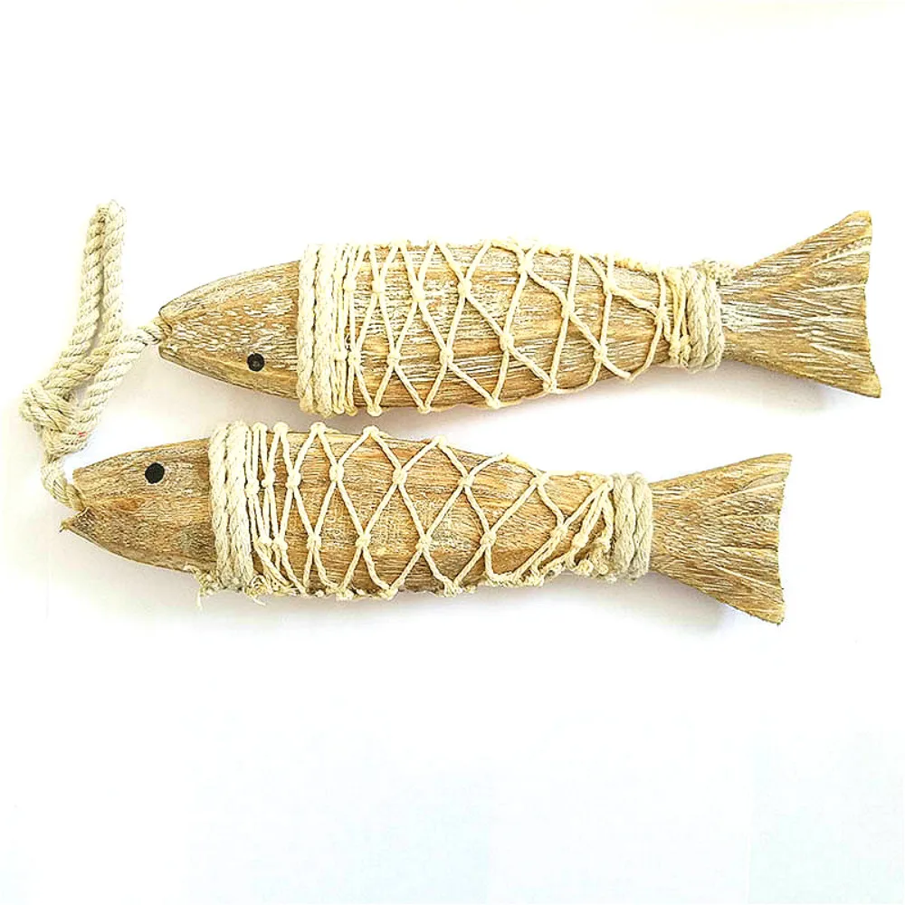2Pcs Wooden Hanging Fish Mediterranean Style Rustic Coastal Hand Carved Ornaments Wall Sculptures For Home Shop Decor Handicraft