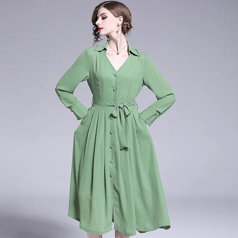 

Dot Chiffon V-Neck Single Breasted A-Line Shirts Dress 2019 New Women Spring Summer Office Lady Office Long Sleeve Dress