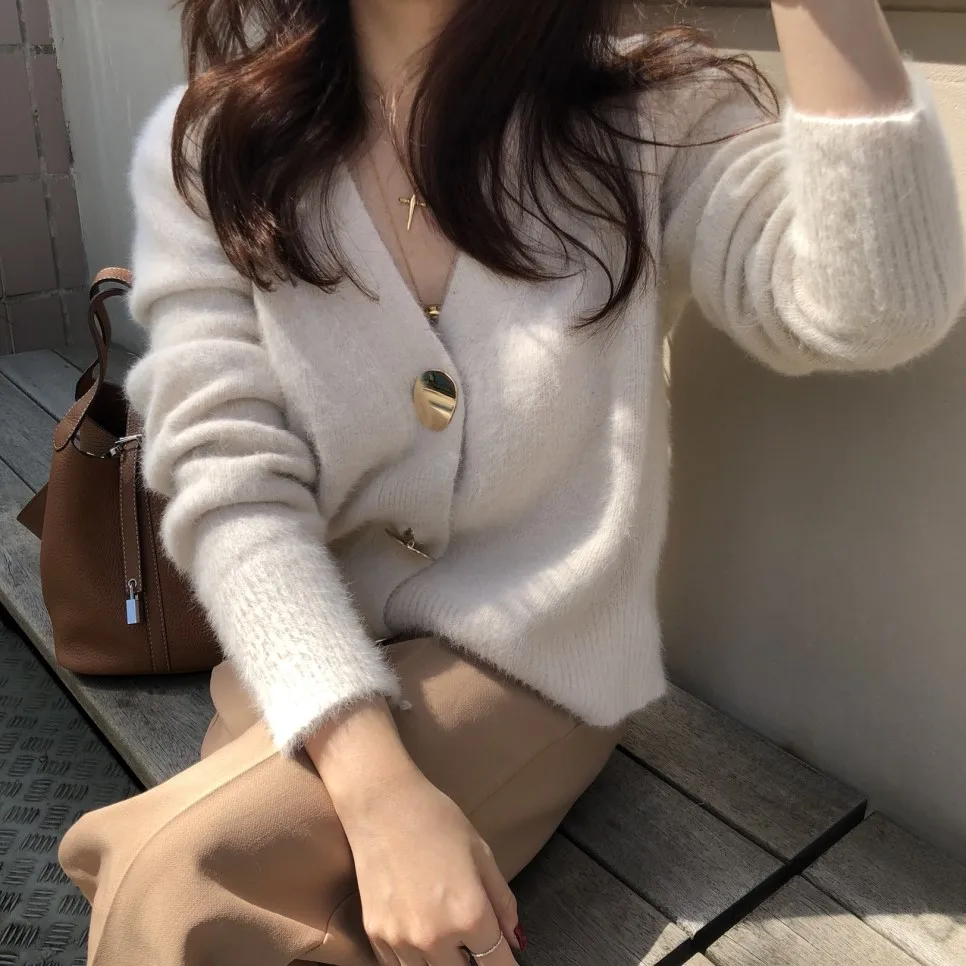 GRUIICEEN new winter thick knitting mink cashmere cardigan sweater women fashion single breasted cardigan coat GY201955