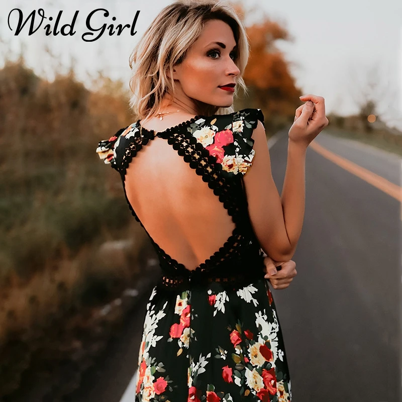 Elegant flower print lace maxi font b dress b font vestidos Sexy deep V neck backless