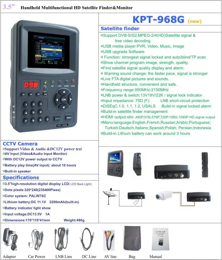 KPT 968G цифровой спутниковый искатель метр 3,5 TFT светодиодный DVB-S2 DVB-S Sat finder MPEG-4 1080P Full HD портативный Satfinder KPT-968G