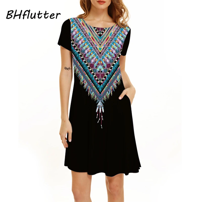 

BHflutter Women Dress 2019 New Short Sleeve Floral Print Summer Dress O neck Black Casual Dress Vintage Midi Dresses Vestidos