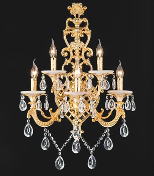 

Hotel deco Antique Marble wall light fixtures Large villa hall wall sconce big 5-head Gold Crystal Wall Lamps for living room