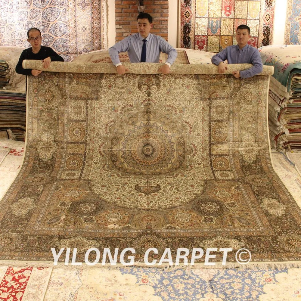 YILONG 10'x14' желтый Восточный handknotted персидские ковры ручной работы иранские шелковые ковры (SWP023A)