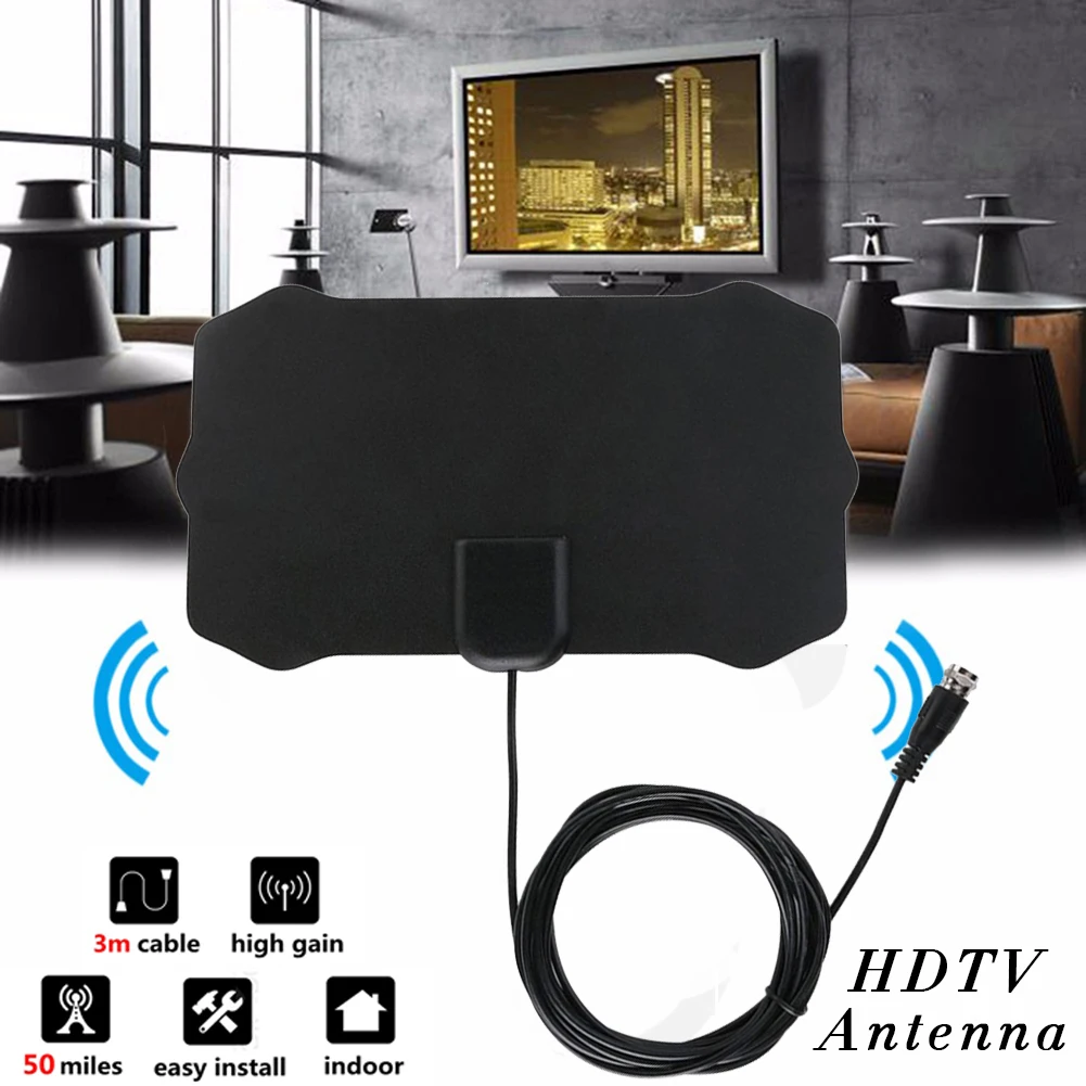 Плоский внутренний усилитель HD сигнал цифровая телевизионная антенна конверсионная головка HD tv 50 миль Диапазон VHF UHF Черная Цифровая